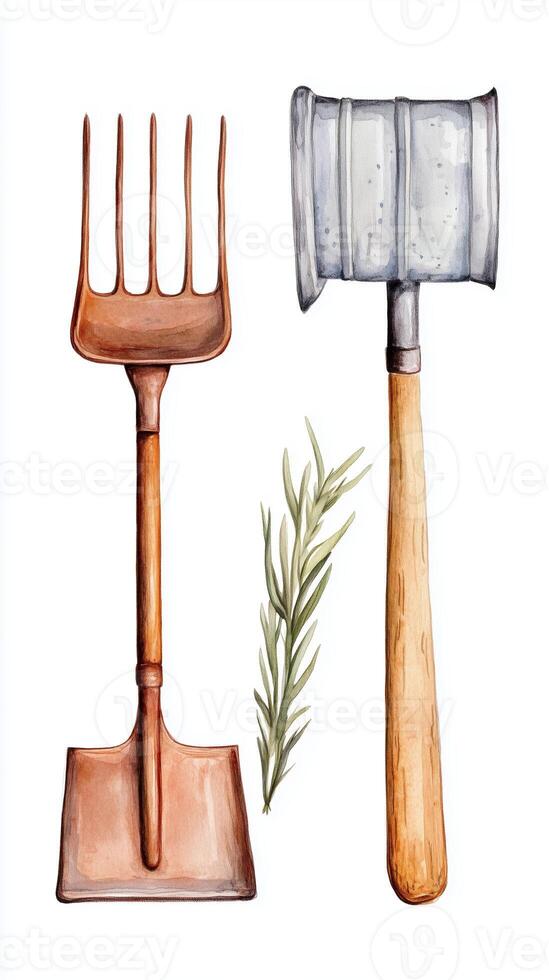 Garden tools including a pitchfork, a mallet, and fresh herbs displayed on a white background for gardening enthusiasts photo