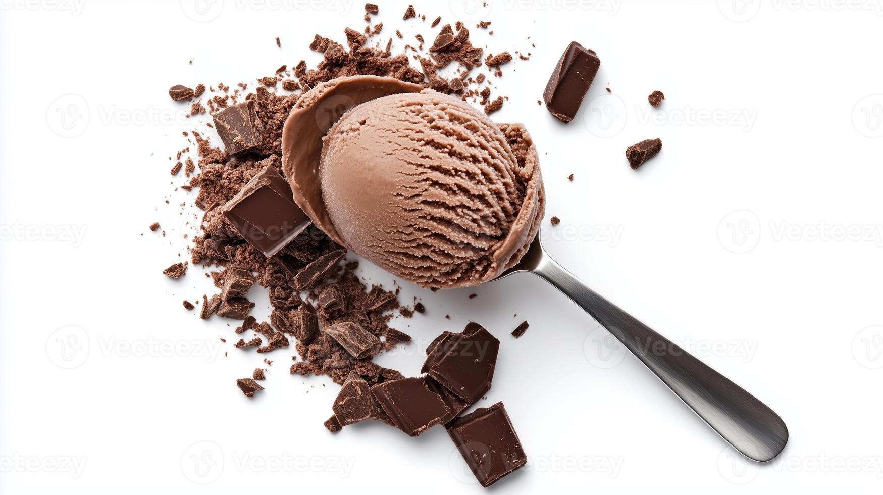 Delicious chocolate ice cream scoop with chunks of chocolate scattered on a white background photo