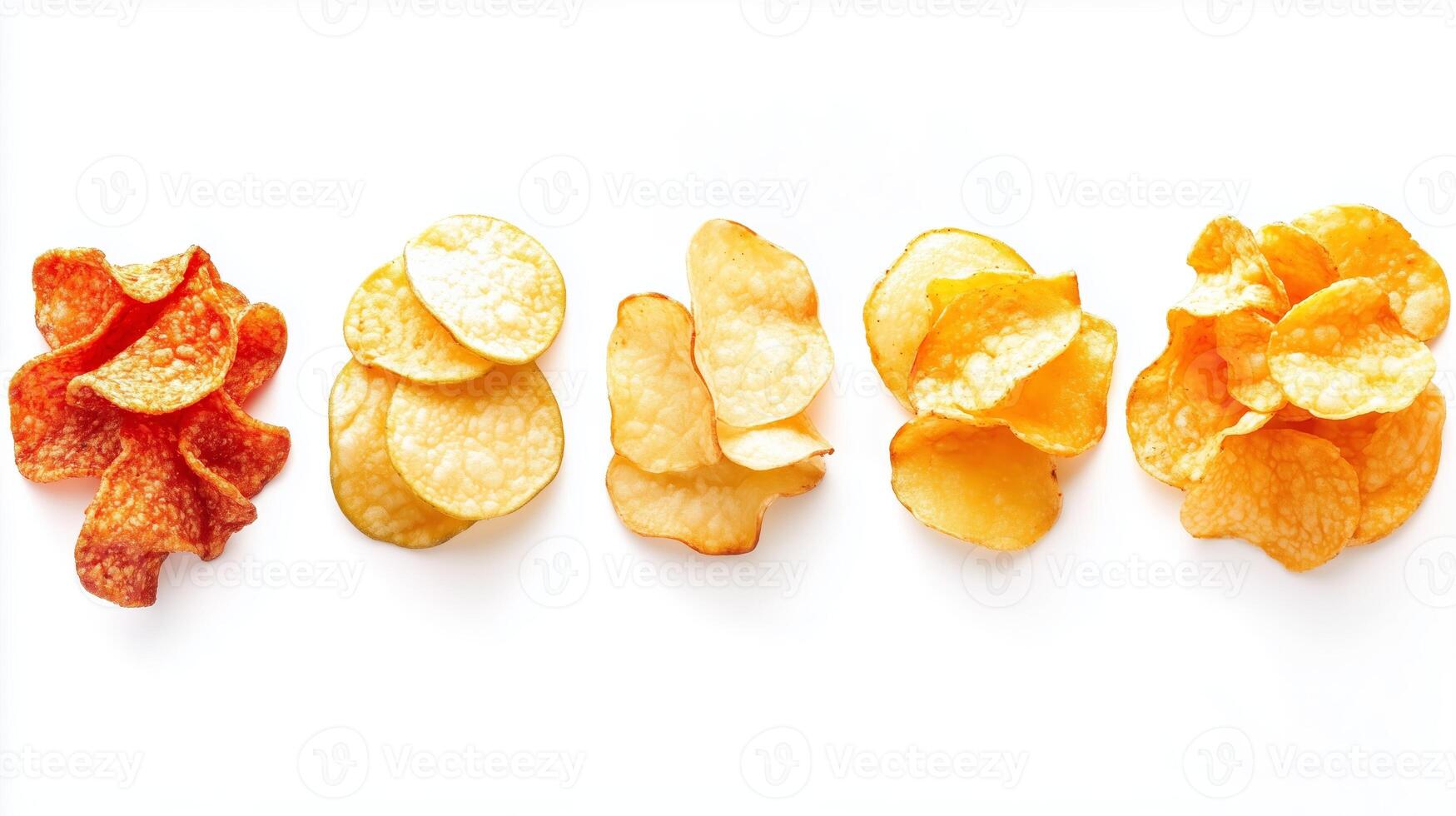 Variety of different potato chips arranged on a white surface, showcasing unique textures and colors in a delightful snack display photo