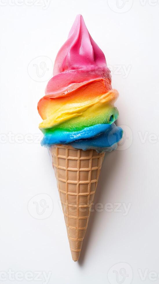 Colorful rainbow swirl ice cream cone with vibrant flavors displayed on a white background photo