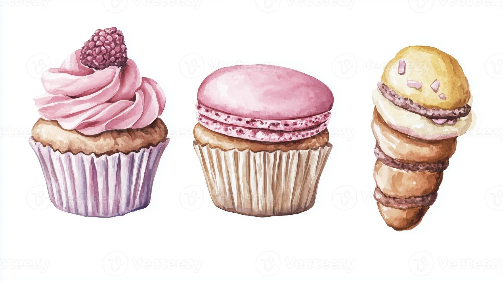 Delicious assortment of colorful desserts featuring a cupcake, macaron, and ice cream cone on a white background photo