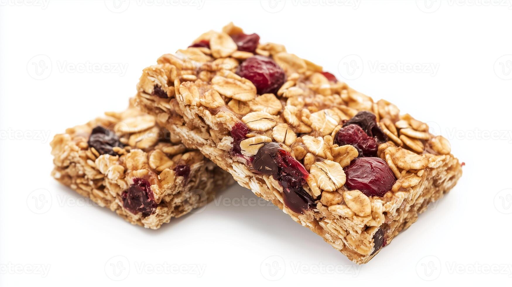 Nutritious homemade granola bars with cranberries and oats placed on a white background, highlighting healthy snack options photo