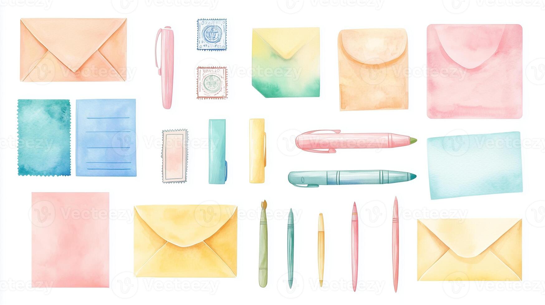 A colorful arrangement of watercolor stationery items featuring envelopes, pens, and stamps on a white background photo