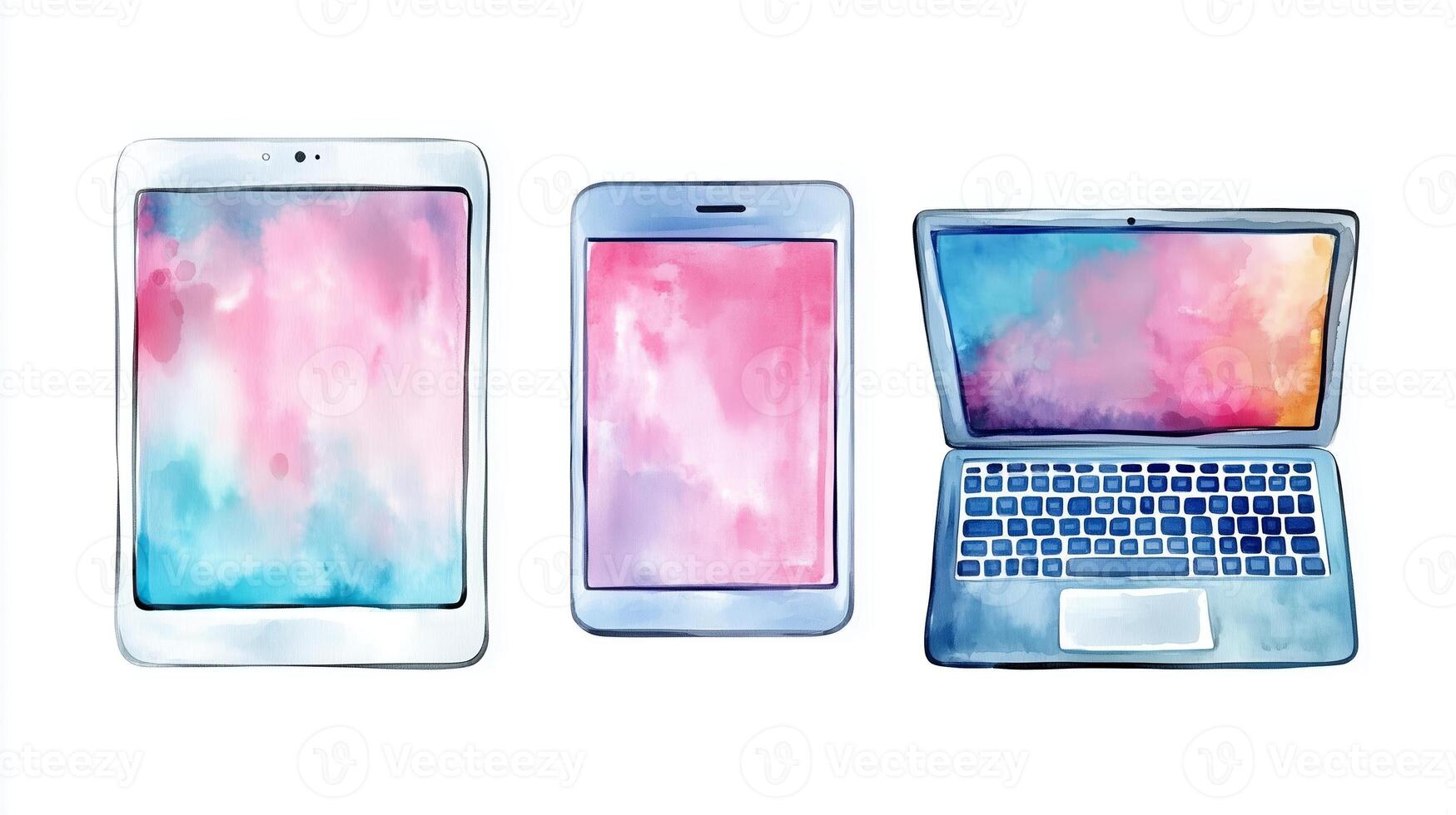 Colorful watercolor illustrations of a tablet, smartphone, and laptop placed side by side on a white background photo