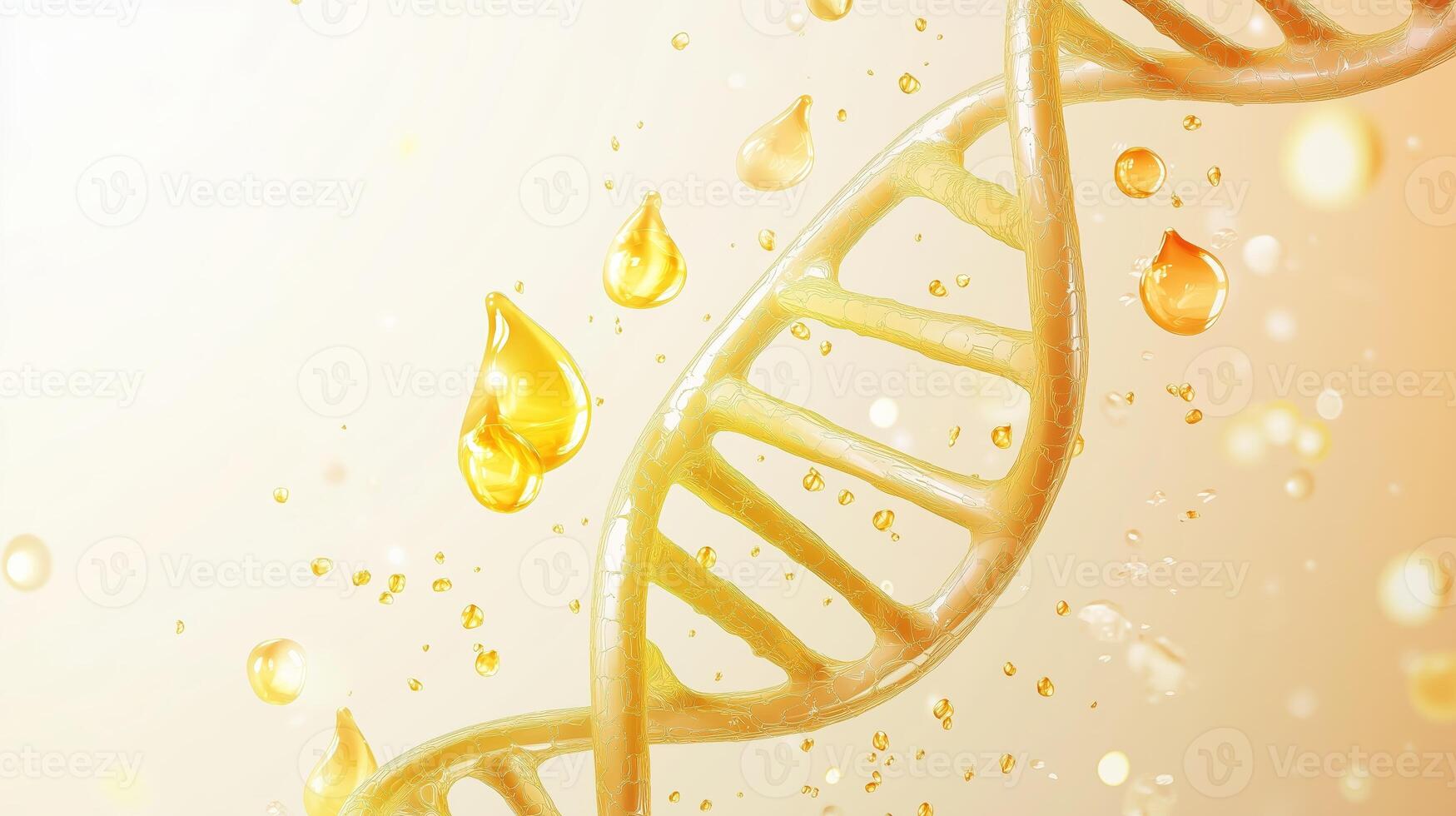 Close-up of a golden DNA strand surrounded by droplets in a bright, luminous background representing advancements in biotechnology photo