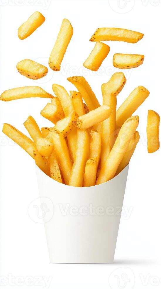 Crispy golden fries overflowing from a white paper cup against a plain background in a bright setting photo