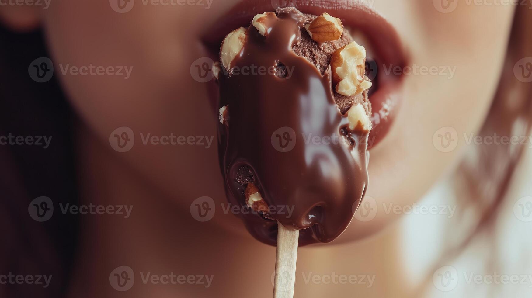 Enjoying a chocolate-covered ice cream treat on a sunny day, capturing a moment of indulgence and delight outdoors photo