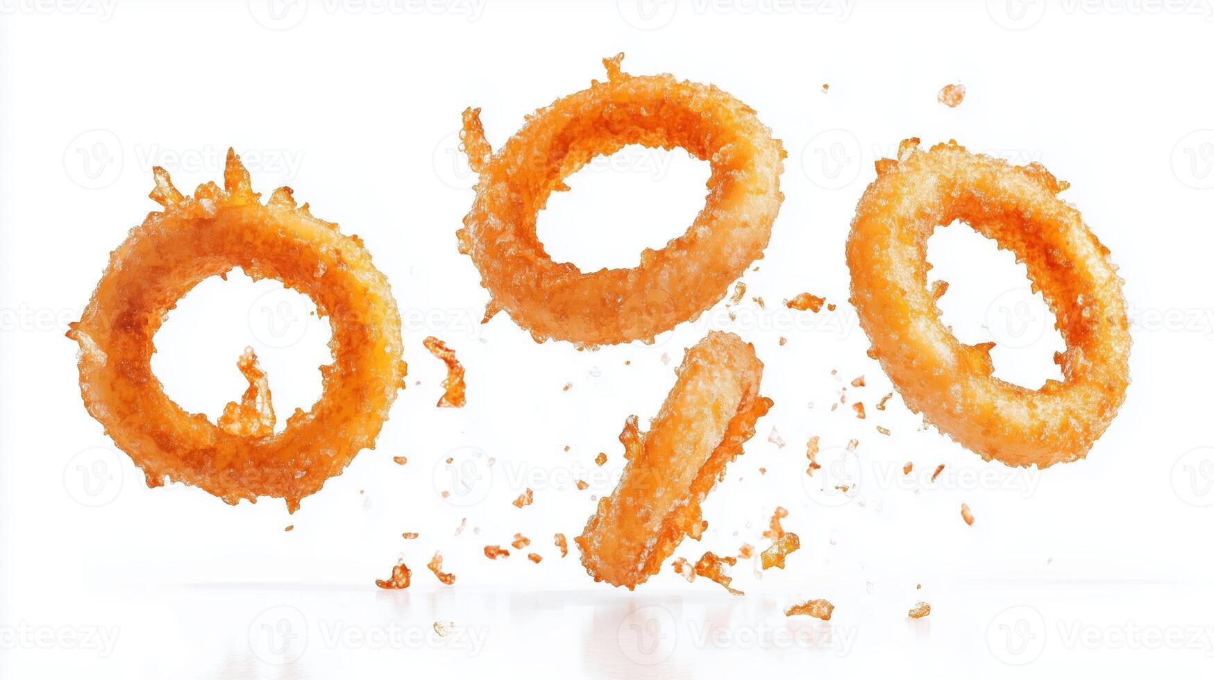 Crispy golden onion rings flying through the air captured in a high-speed action shot against a white background photo