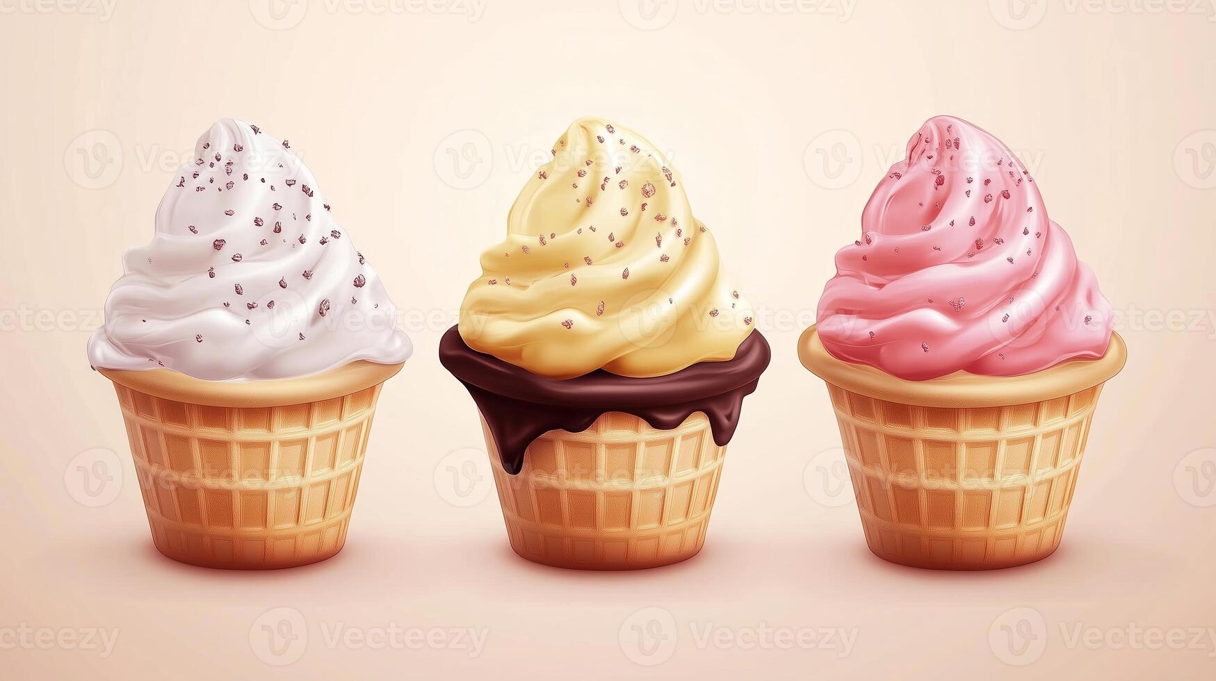 Delicious ice cream cones with vanilla, chocolate, and strawberry flavors displayed against a soft pastel background photo