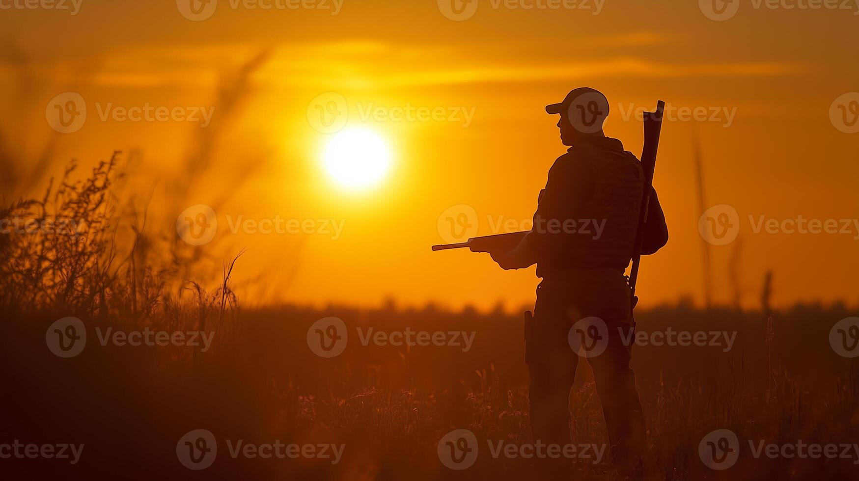 A hunter stands in silhouette against a vibrant sunset in a rural landscape, preparing for an evening hunt photo