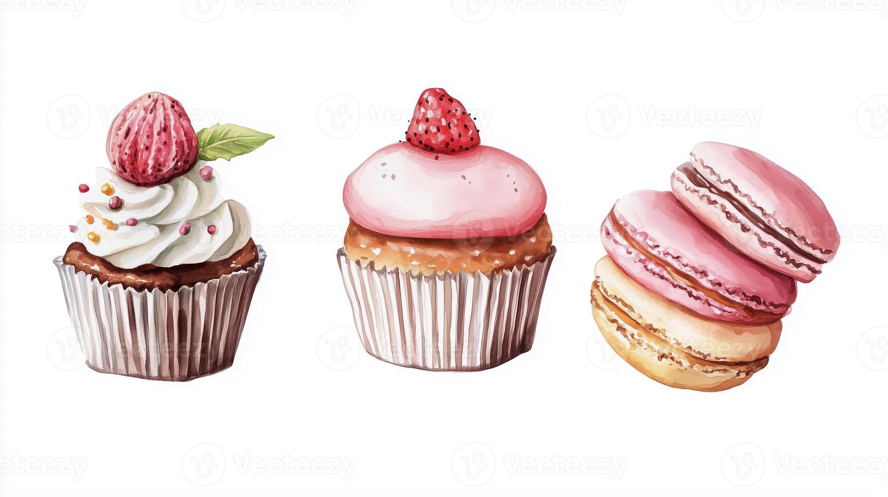 Deliciously arranged desserts featuring cupcakes and macarons on a clean white background photo