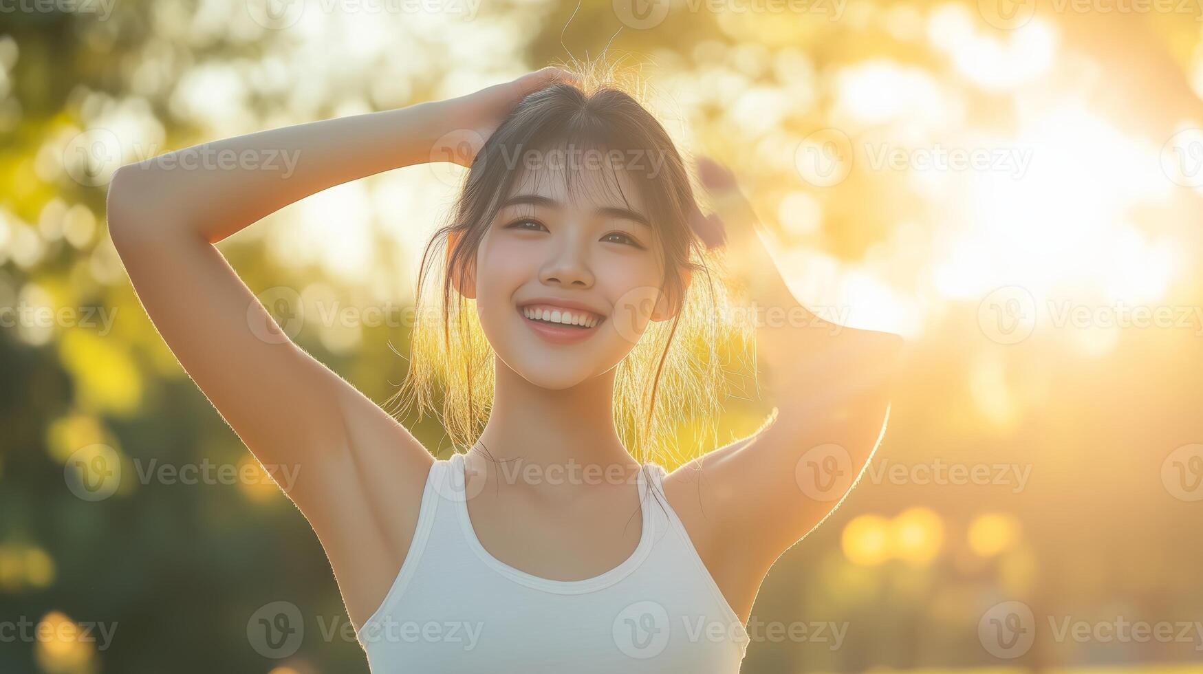 Young woman enjoying a carefree moment outdoors during sunset, radiating happiness and joy in a natural setting photo