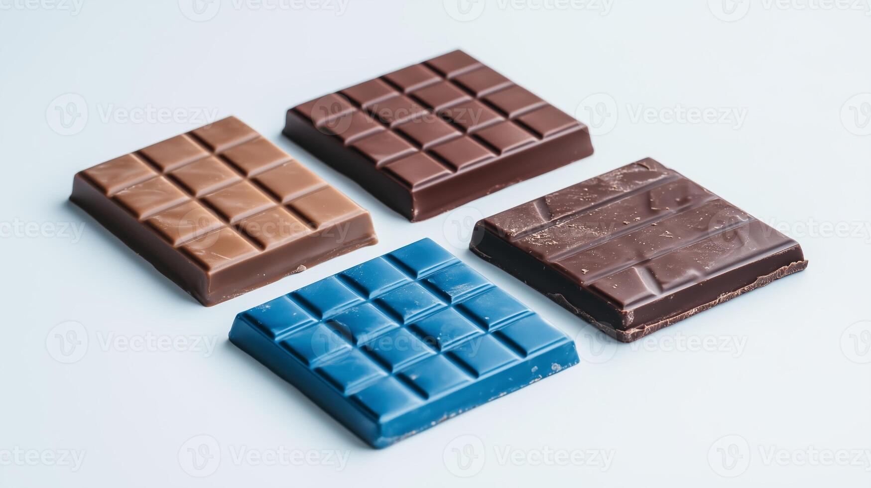 Four varieties of chocolate bars displayed together on a light surface, showcasing unique colors and textures photo