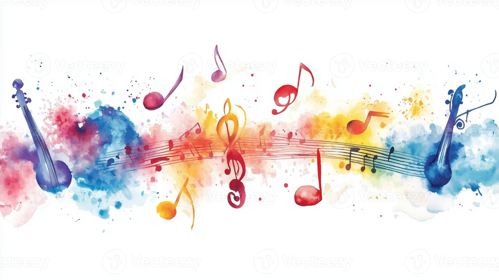 Colorful watercolor illustration of musical instruments and notes on a white background, representing creativity and harmony photo