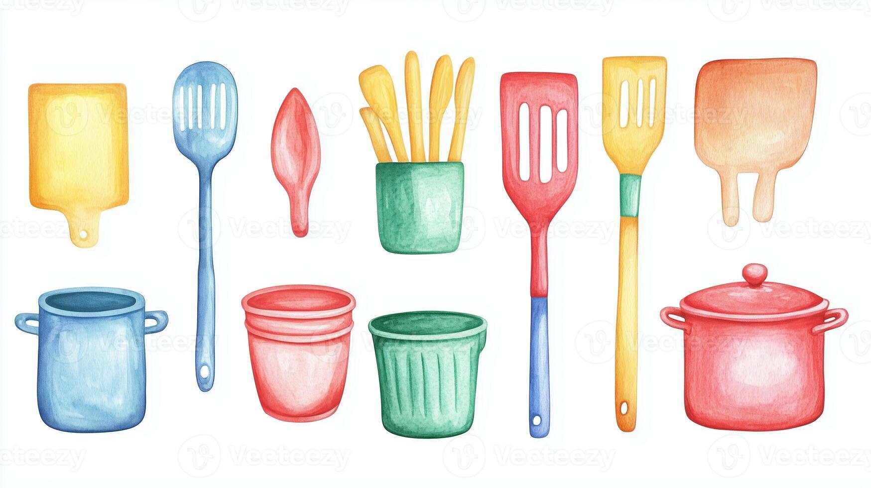 A colorful collection of kitchen utensils and cookware displayed creatively with vibrant colors on a white background photo