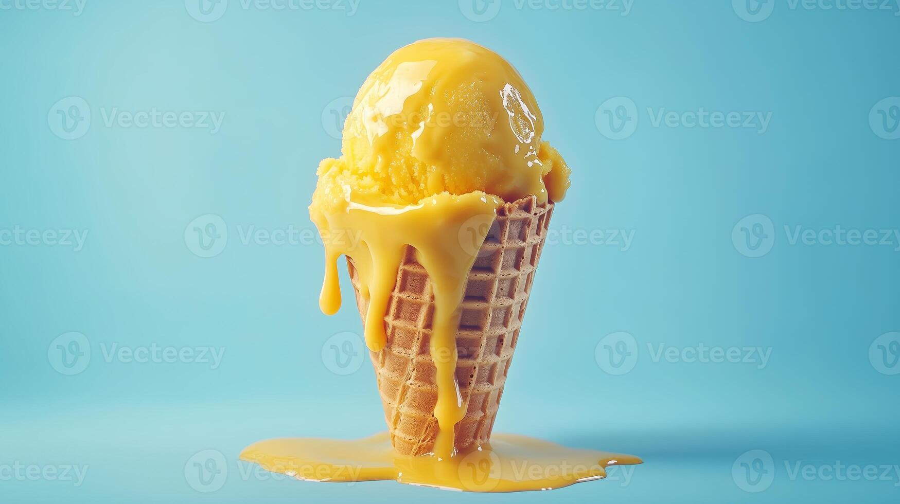 Dripping mango ice cream on a cone against a light blue background during a sunny day photo