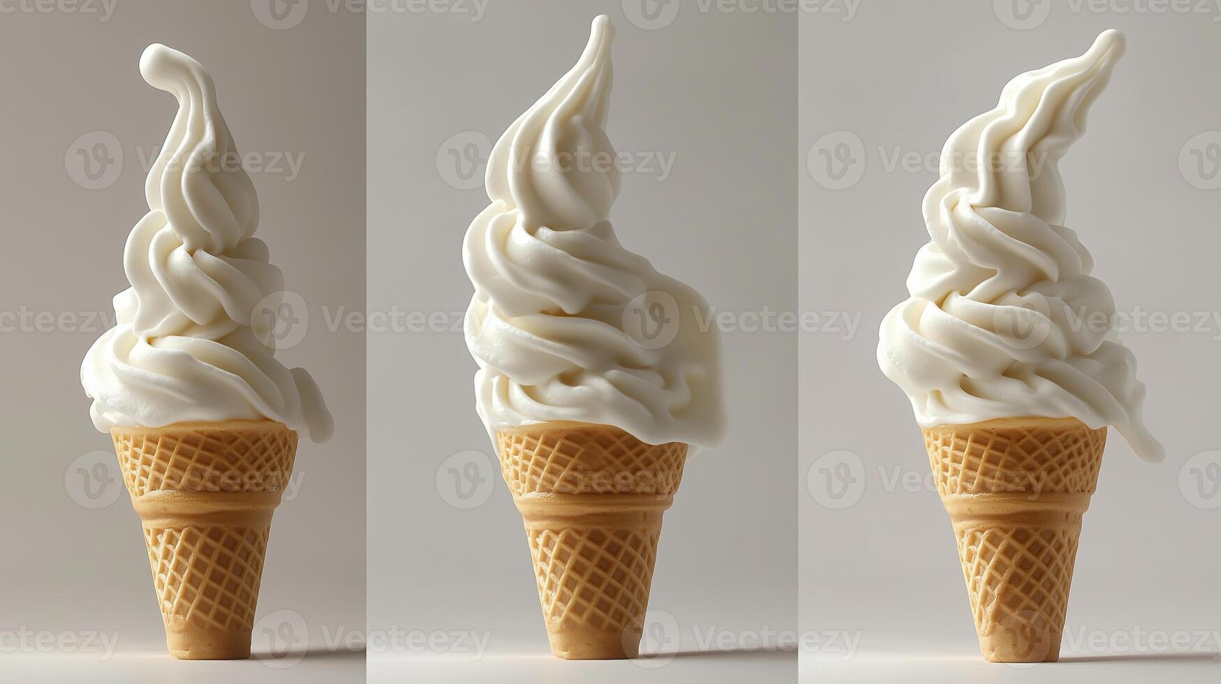 Three perfectly swirled soft-serve ice cream cones displayed on a neutral background in a dessert showcase photo