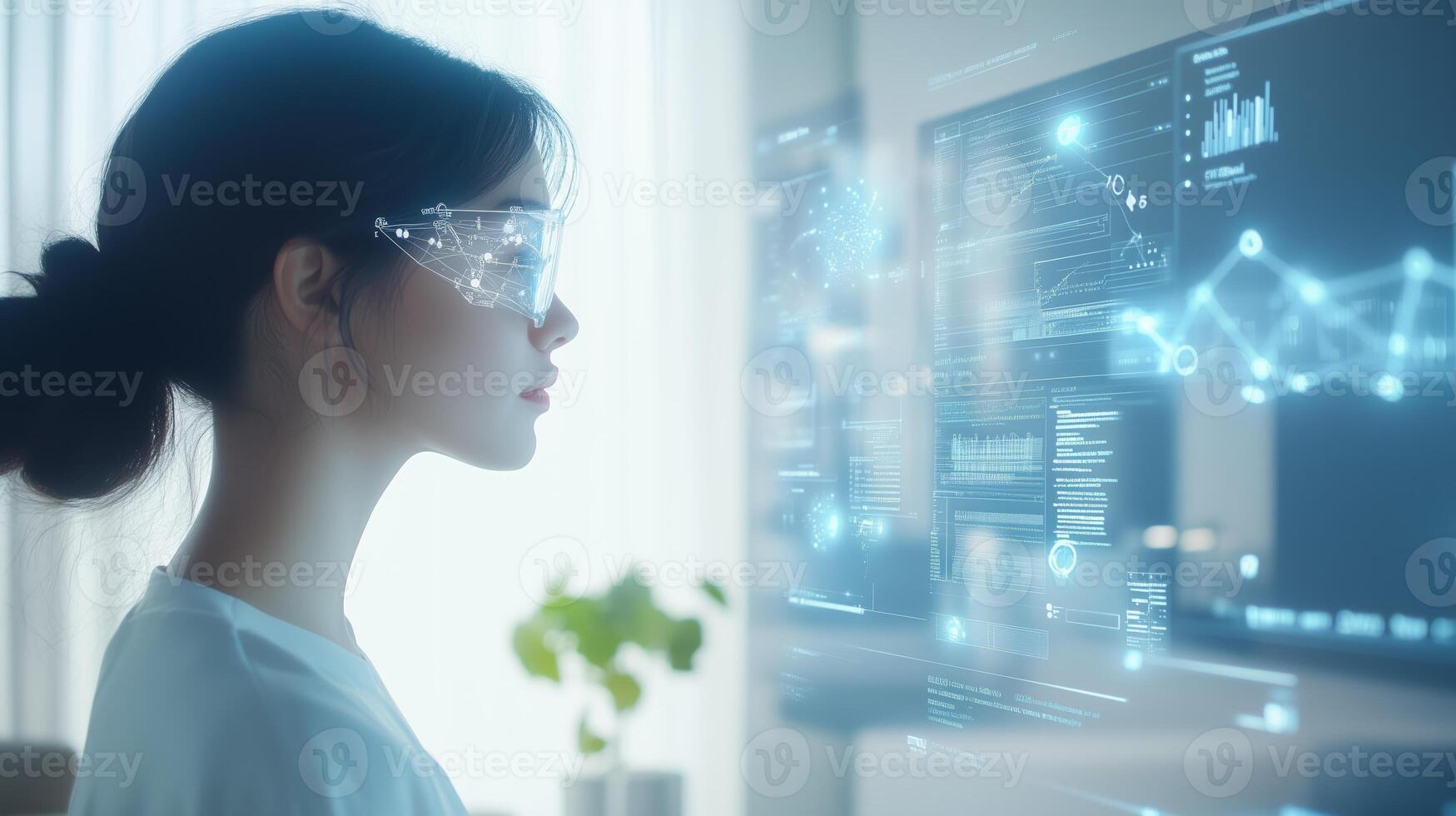 A woman wearing futuristic augmented reality glasses interacts with digital data in a modern workspace during daytime photo