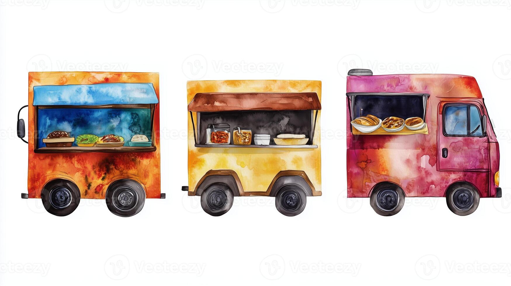 Colorful food trucks lined up in a vibrant urban setting, showcasing diverse culinary offerings during daytime photo