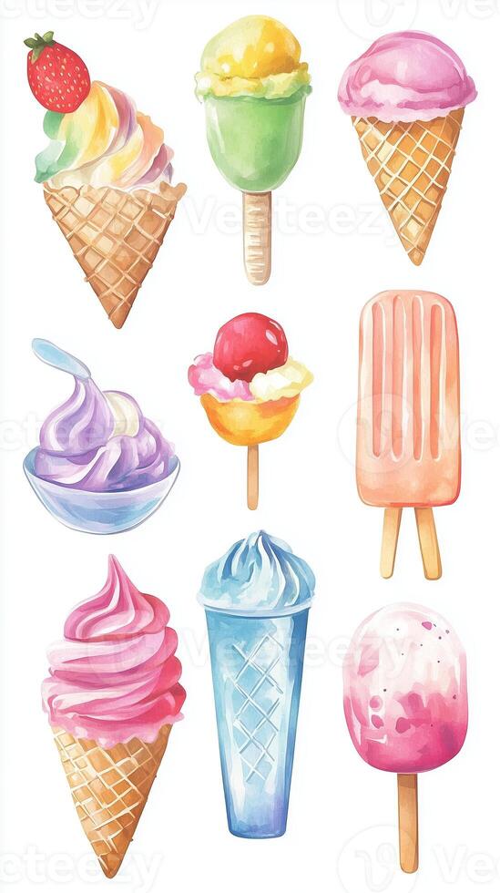 Colorful collection of various ice cream treats and desserts in vibrant hues displayed on a white background photo