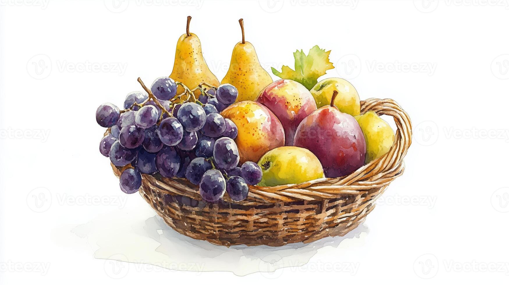 A vibrant assortment of fresh fruits in a woven basket with grapes, apples, and pears displayed on a light background photo