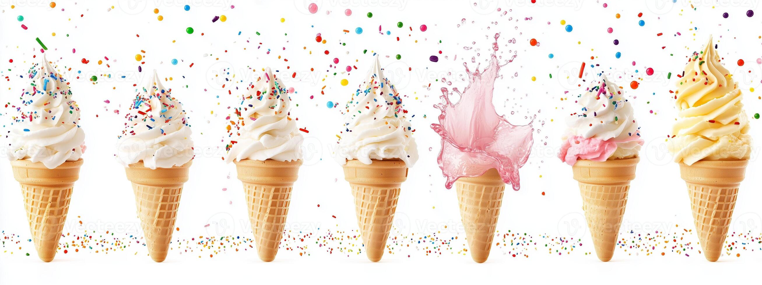 Colorful ice cream cones with sprinkles arranged on a white background during a bright summer day photo