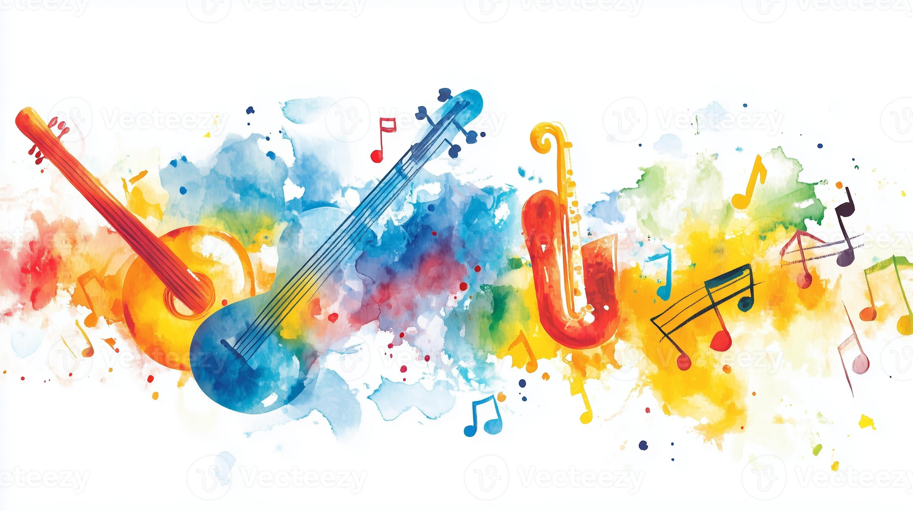 Colorful watercolor illustration of musical instruments with notes in a