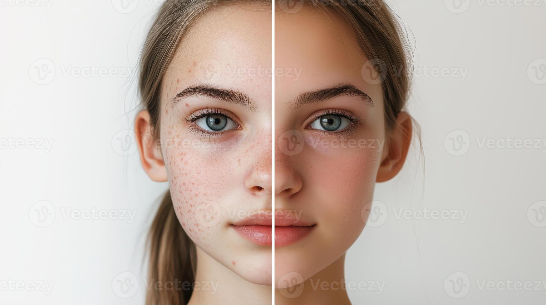 Transformation of youthful complexion showcasing natural skin on one side and enhanced features on the other in a minimalist setting photo