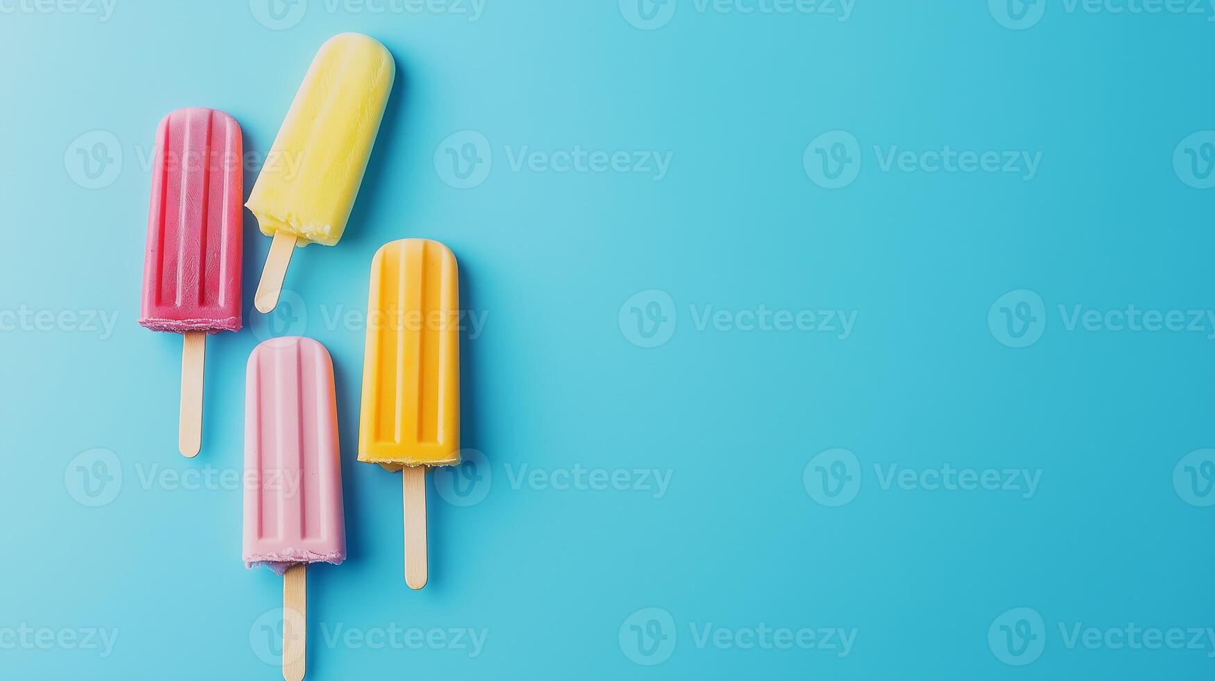 Colorful frozen popsicles in shades of pink, yellow, and orange arranged on a bright blue background during a sunny day in summer photo