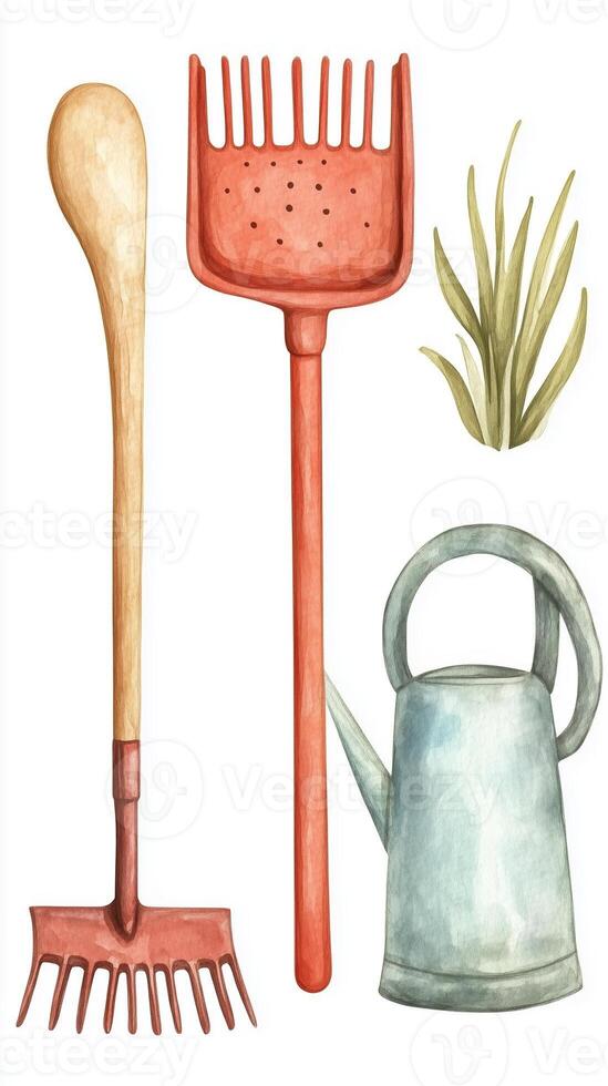 Garden tools including a shovel, rake, watering can, and grass on a white background during daylight photo