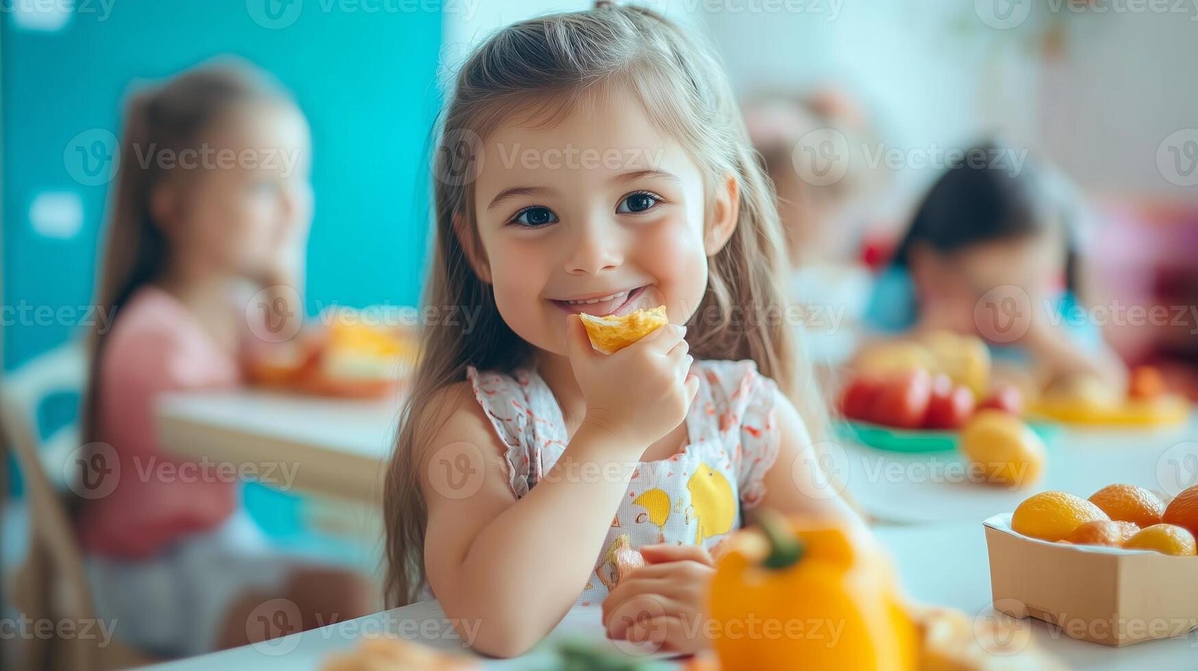 A cheerful girl enjoying fresh fruit during a vibrant classroom activity in the early afternoon photo