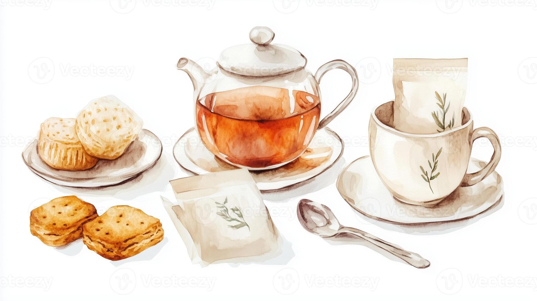 A cozy afternoon tea setup with herbal tea, scones, and biscuits on a delicate table setting in a serene environment photo
