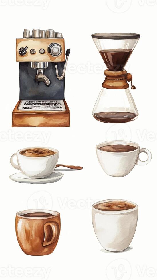 Different coffee brewing methods and cups captured in a stylish illustration featuring an espresso machine and a Chemex photo