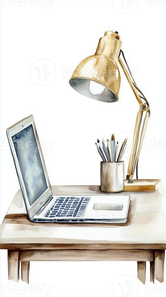 A cozy workspace featuring a laptop, desk lamp, and pencil holder in a bright and inviting setting photo