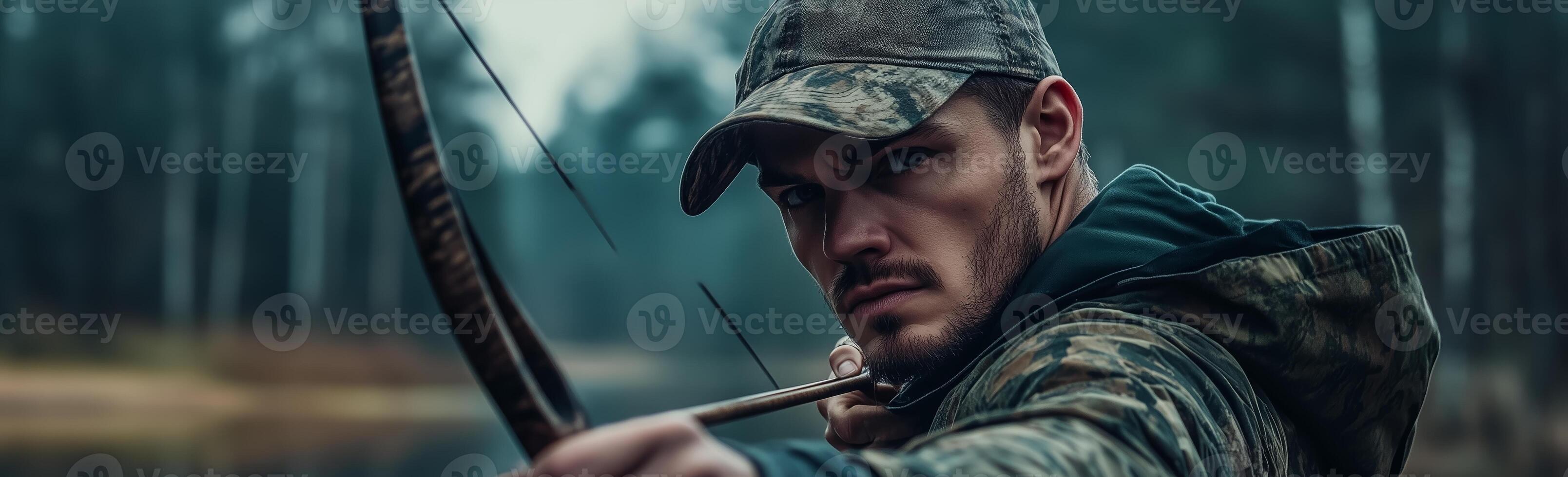 A serious archer prepares to take aim in a serene forest setting during early morning light photo