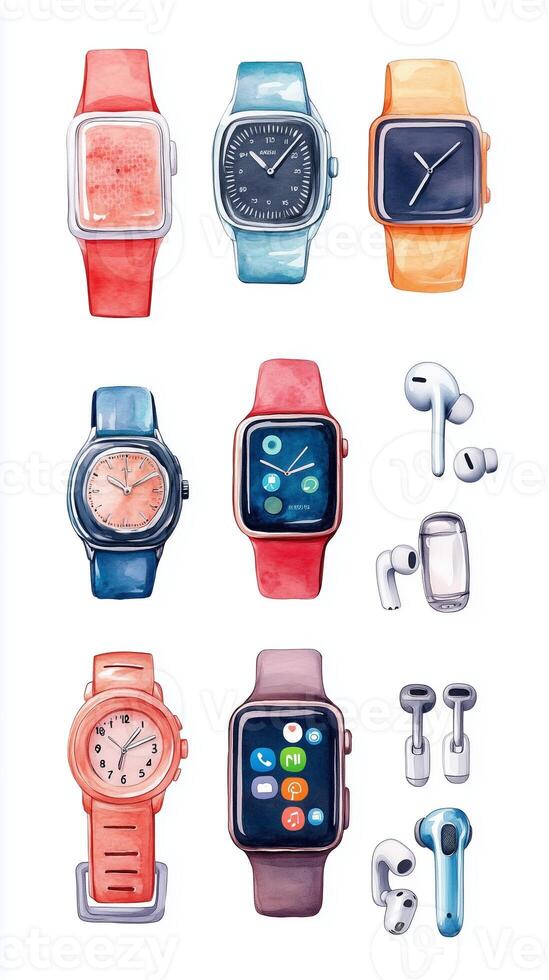 Collection of stylish watches and wireless earbuds in various colors displayed creatively on a light background photo