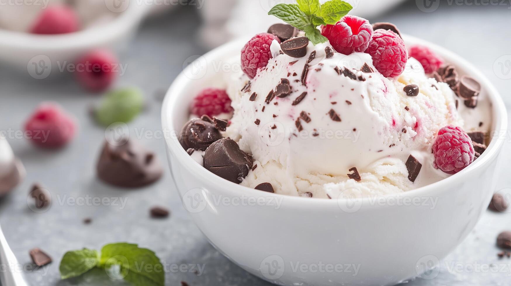 Creamy vanilla ice cream topped with fresh raspberries and chocolate shavings in a bowl on a textured surface photo