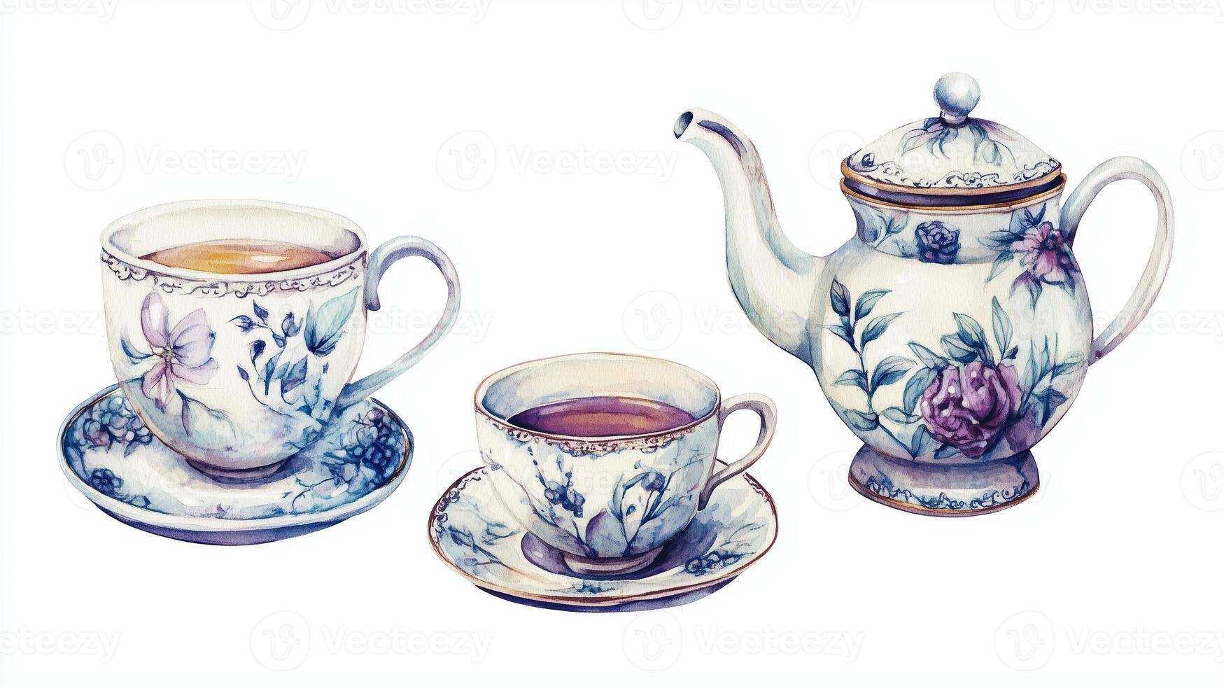Elegant porcelain tea set with floral design displayed on a table, featuring a teapot and cups filled with tea photo