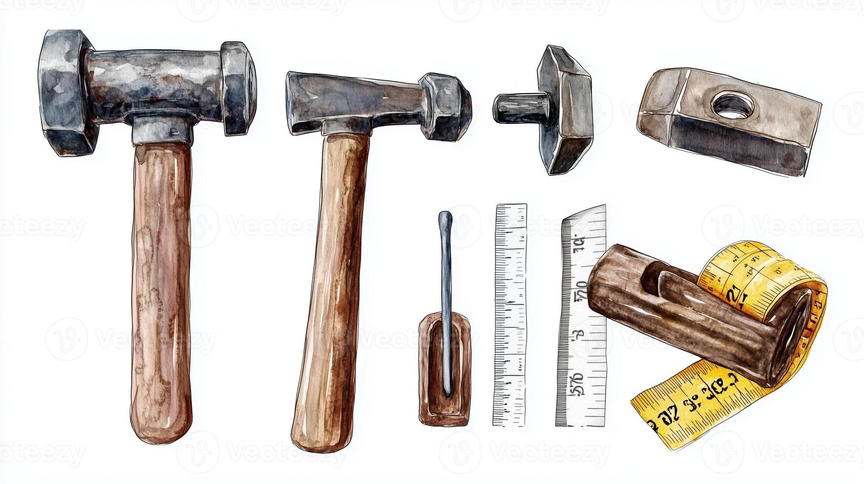 Hand tools including hammers, a measuring tape, and a ruler arranged on a white background for a vintage craftsmanship display photo