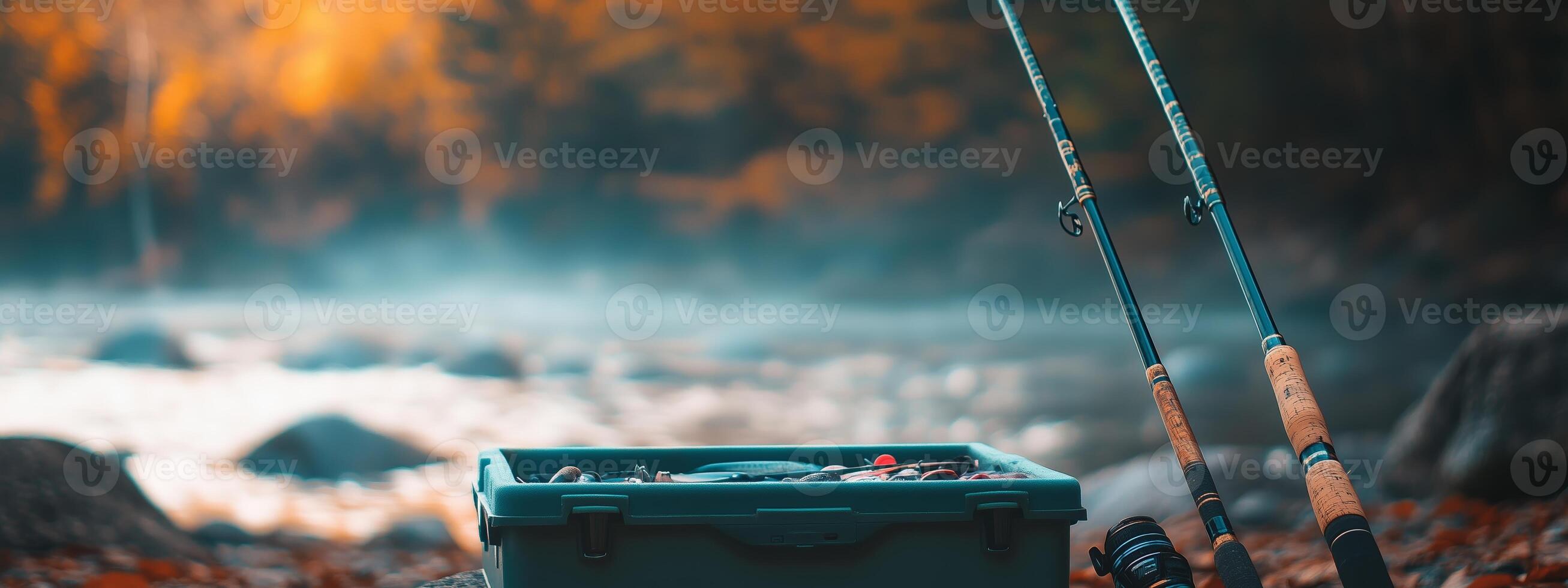 Two fishing rods stand beside a tackle box near a tranquil river during a colorful autumn afternoon photo