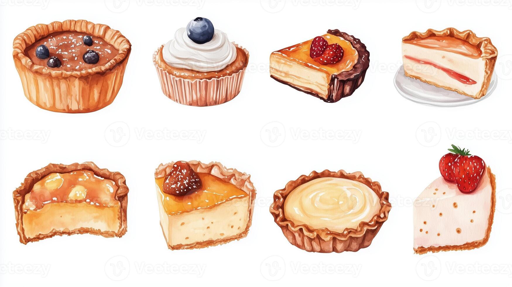 An assortment of delicious desserts featuring tarts and cheesecakes with fresh fruit toppings presented on a white background photo