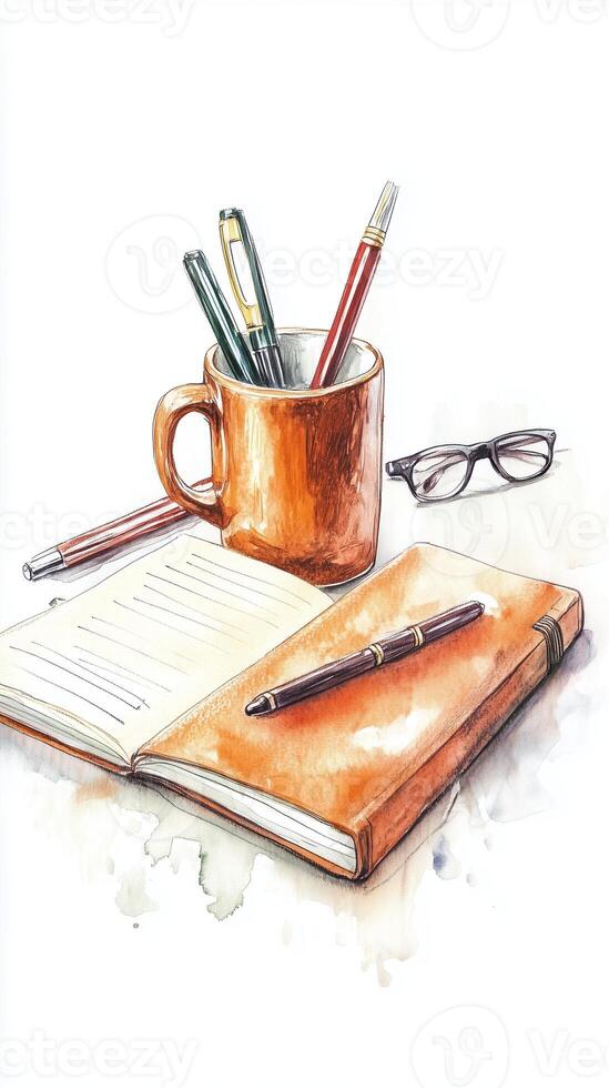 A cozy workspace with an orange mug full of pens, an open notebook, a fountain pen, and reading glasses on a white table photo