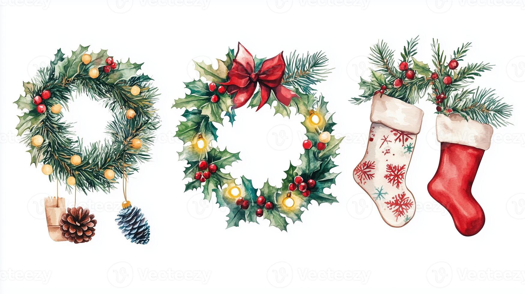 Festive holiday decorations featuring wreaths with pine, berries, and stockings adorned with Christmas cheer photo