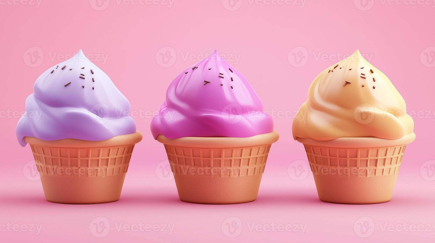 Three colorful soft-serve ice cream cones served in waffle cups against a pastel pink background photo