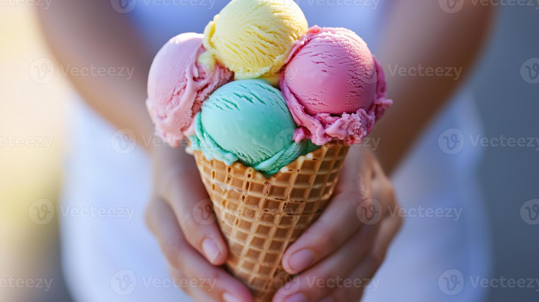 A person holds a colorful ice cream cone with four scoops at a summer event in a sunny outdoor setting photo