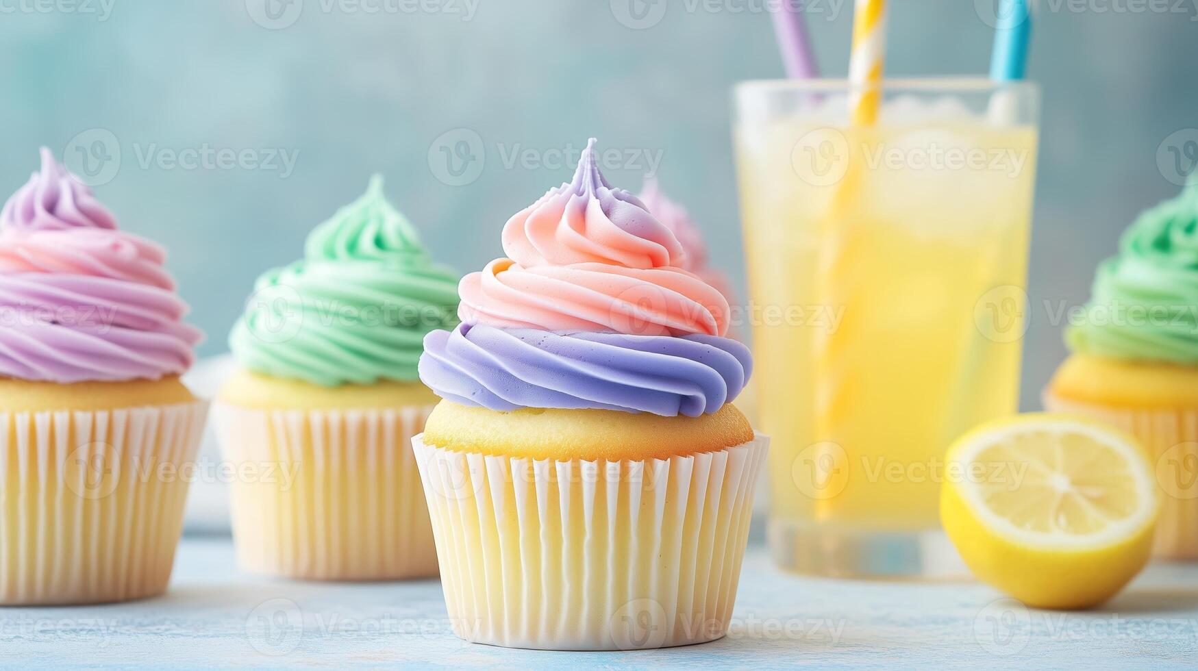 Colorful cupcakes with swirl frosting and refreshing lemonade on a light background photo