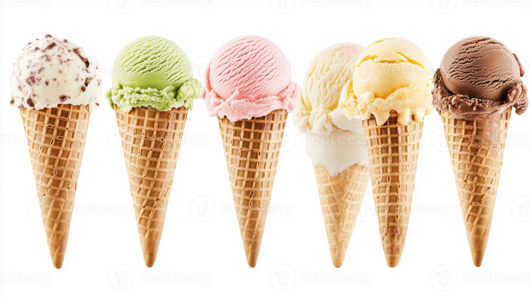 A colorful selection of ice cream cones displayed in a row highlighting different flavors and textures on a white background photo