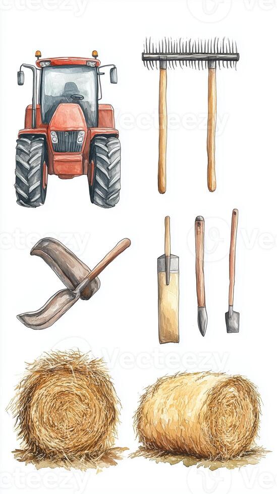 Agricultural tools and tractor arranged on a white background showcasing farm equipment and supplies for rural work photo