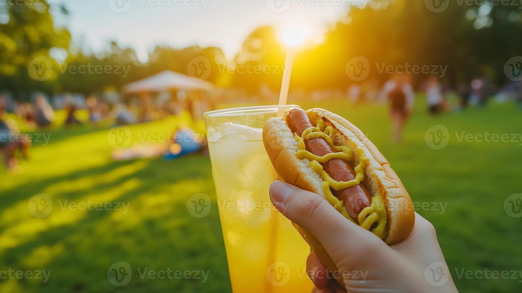 Enjoying a hot dog and refreshing drink during a sunny outdoor picnic in a park with friends and family photo