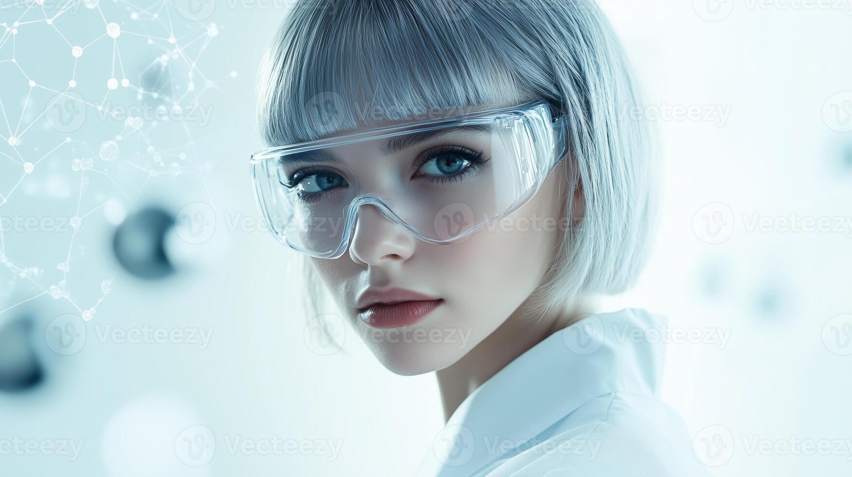 A young scientist with short silver hair and safety glasses engages in research in a modern laboratory environment photo